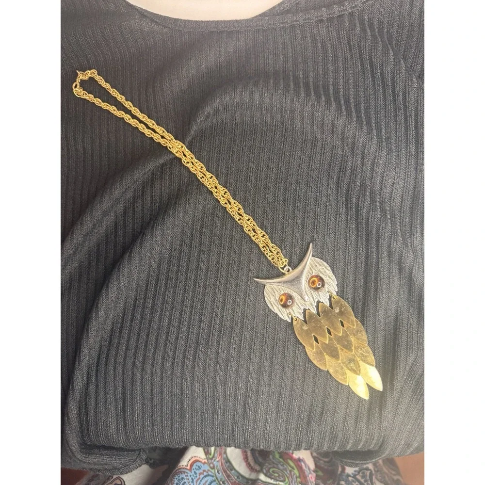 Vintage Two Tone Owl Necklace‎ On Gold Tone Chain